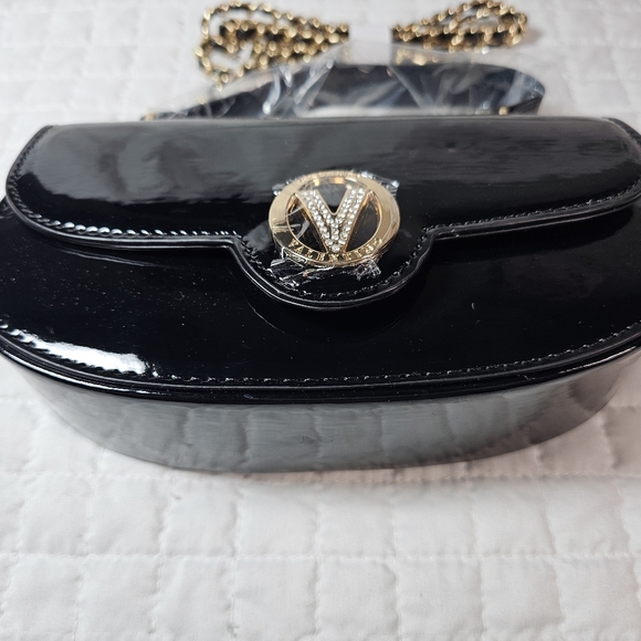 Valentino Orlandi Black Patent Leather Handbag with Gold Chain Accents NWT - Picture 3 of 10